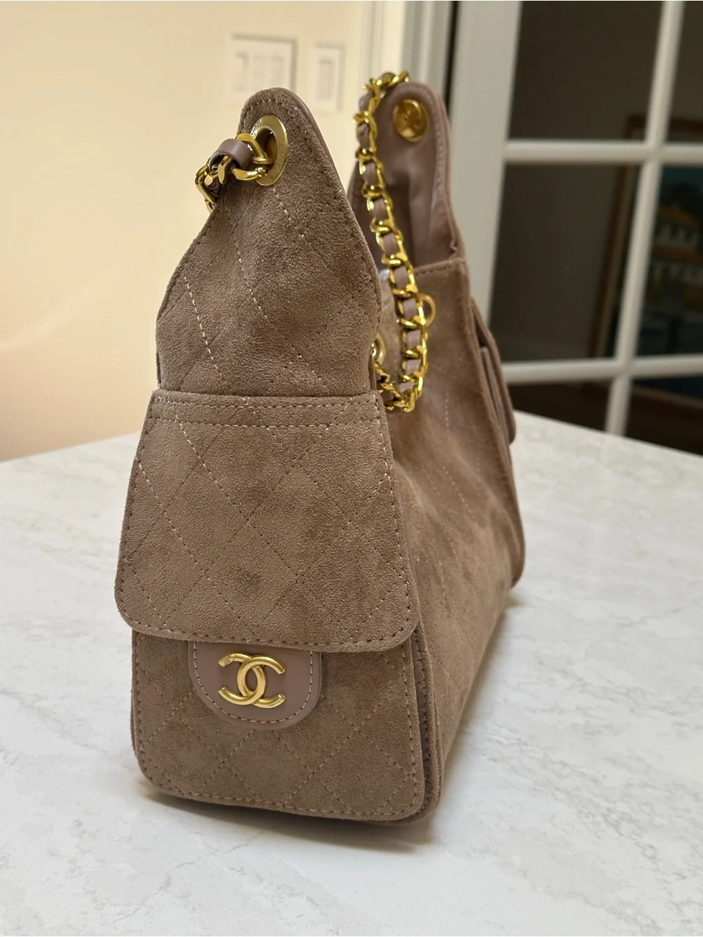 Beige Suede Drawstring Shoulder Bag